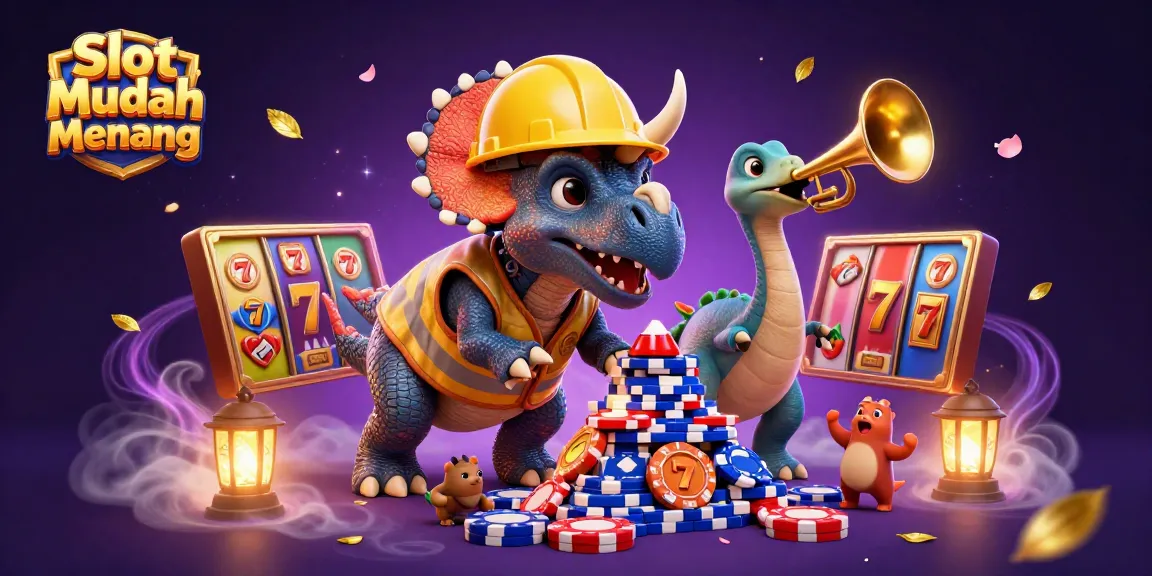 Engage in Slot Mudah Menang with a triceratops building poker chips, surrounded by vibrant slot game elements.