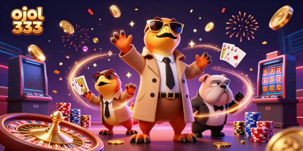 Spin and win with ojol 333 in this vibrant casino scene featuring raptors and a bulldog bouncer.