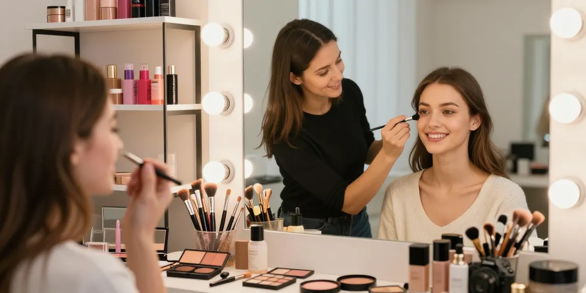 Trucco personalizzato applicato da un artista a una giovane donna in uno studio luminoso.