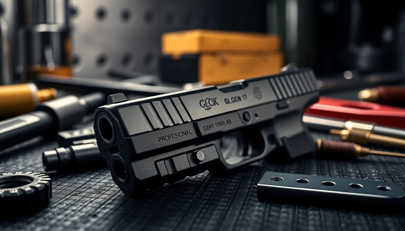 Showcase the glock 17 gen 5 slide with detailed engravings and metallic sheen on a black surface.
