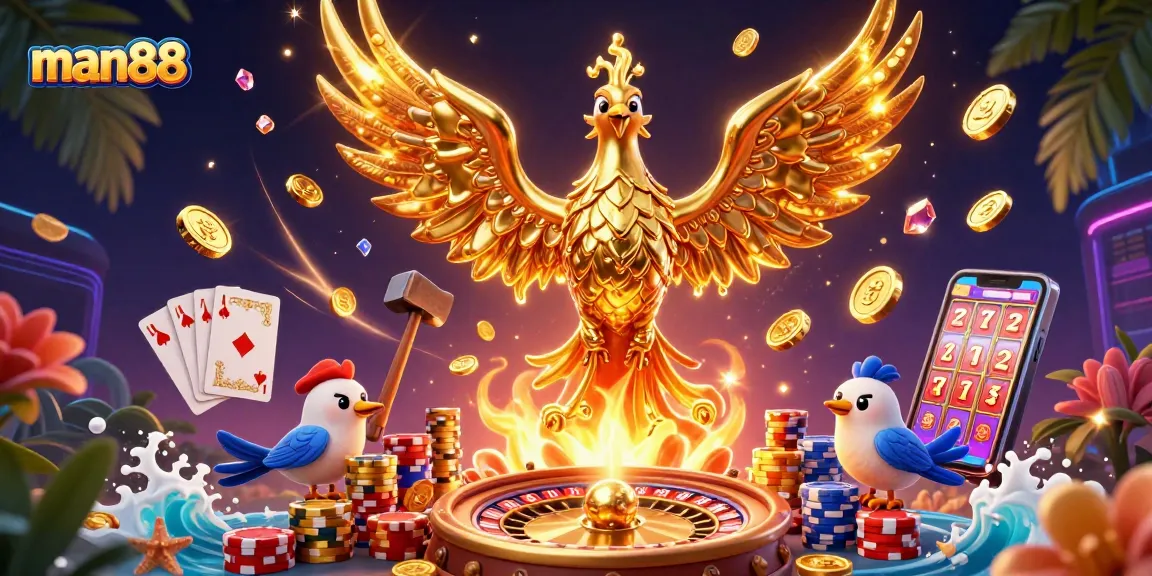 Experience thrilling gameplay with man88 as a molten golden phoenix rises amidst dynamic casino elements.