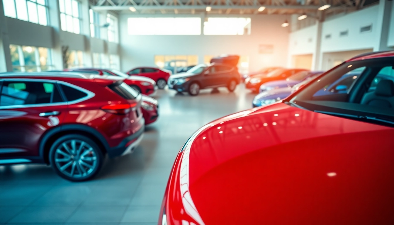 Buy New Car with modern sedans and SUVs showcased in a bright dealership showroom.