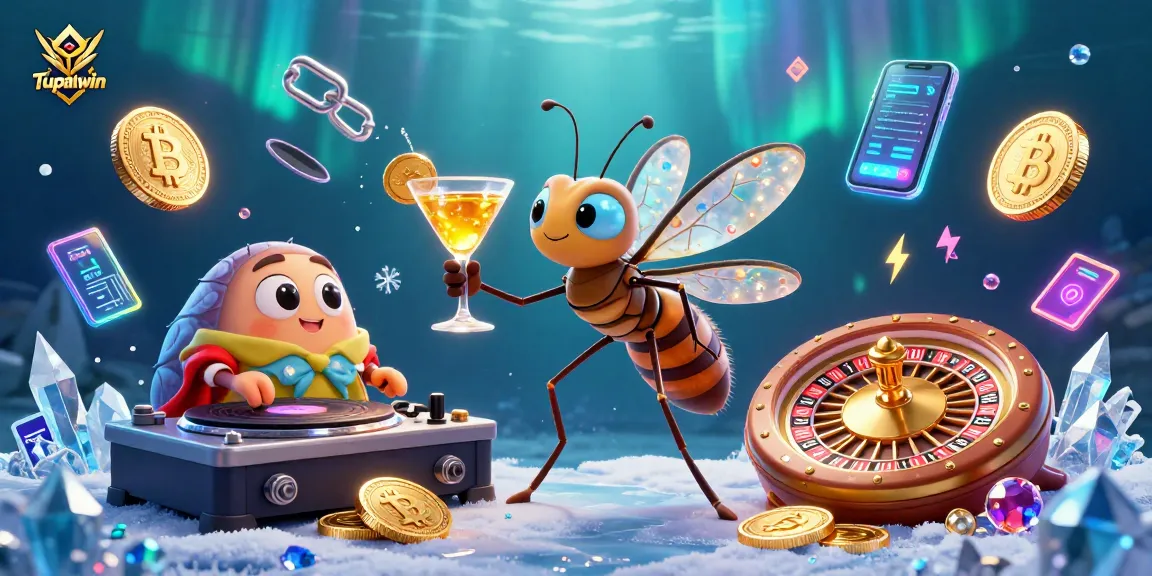 Tupaiwin casino mascot frozen in amber spins the roulette wheel amidst glowing coins and crypto elements.