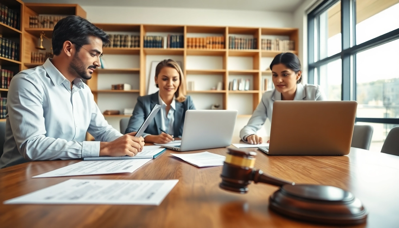 Collaborative legal team analyzing a merchant cash advance lawsuit in a bright office.