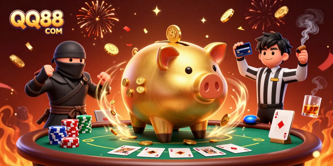 Experience thrilling gameplay at QQ88 COM with a dynamic scene of our giant piggy bank champion at the poker table.