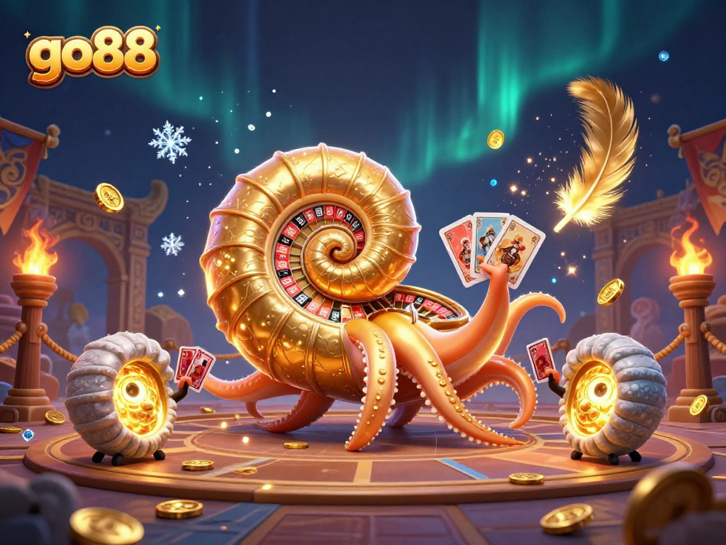 Engage with go88's thrilling casino scene featuring a giant nautilus roulette wheel and glowing betting tokens.