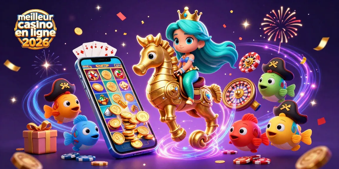 Découvrez le meilleur casino en ligne 2026 avec une sirène et un hippocampe doré entourés de joyaux de la mer.