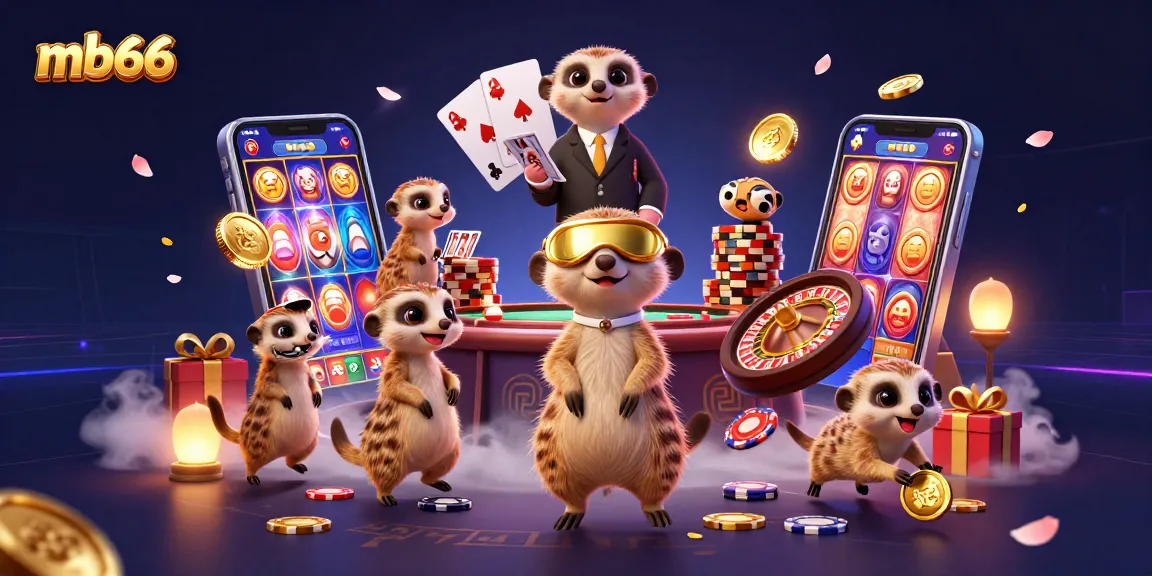 Experience thrilling gaming at mb66 with animated meerkats managing a vibrant casino scene.