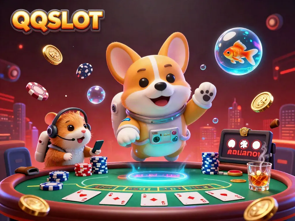 Engage with QQSLOT in this vibrant space station casino scene featuring a cartoon astronaut corgi, poker chips, and a mission-control hamster.