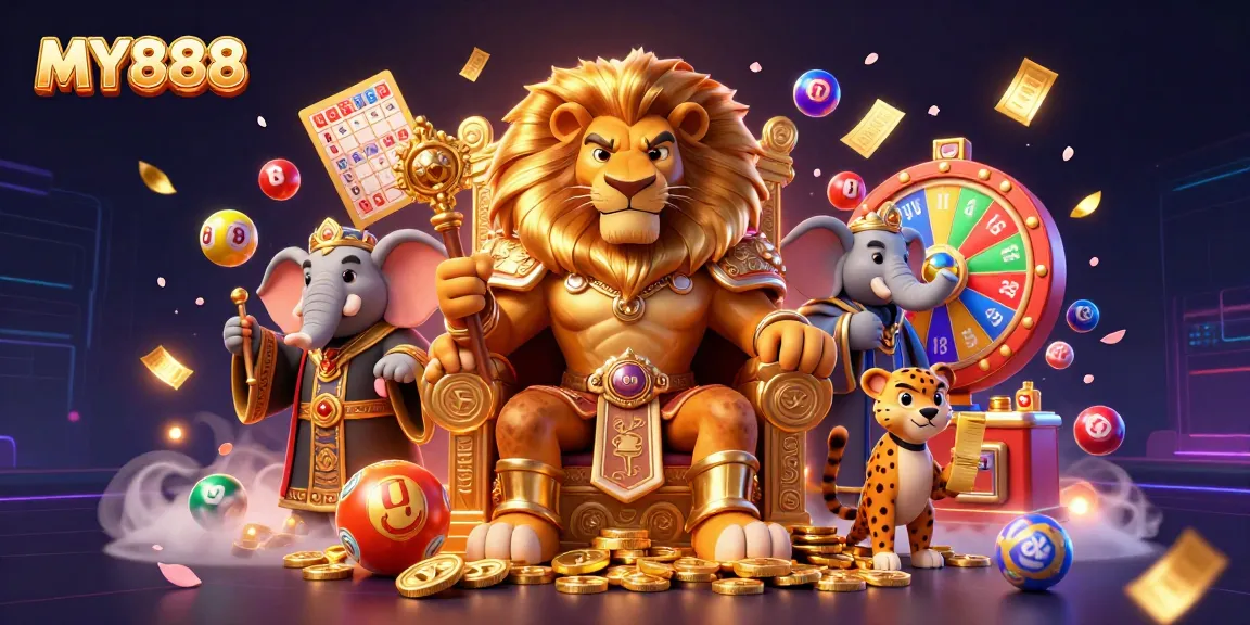 Experience thrilling wins at MY888 with vibrant games and bonuses in this dynamic 3D illustration.