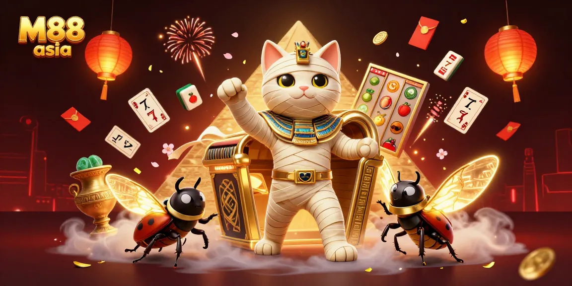 Play exciting games at M88 asia with a vibrant casino scene featuring thrilling slot reels and lively characters.