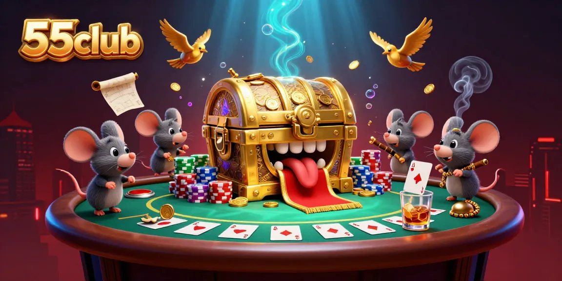 Experience the rich gaming world of 55club with a vibrant poker-themed 3D illustration.