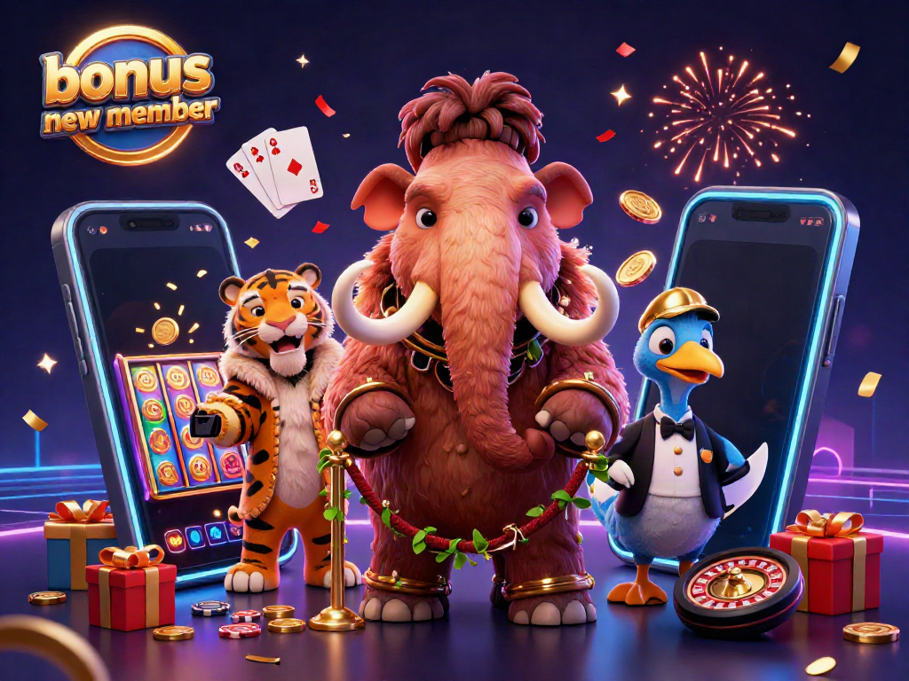 Experience the excitement of the bonus new member offers with vibrant casino characters and games.